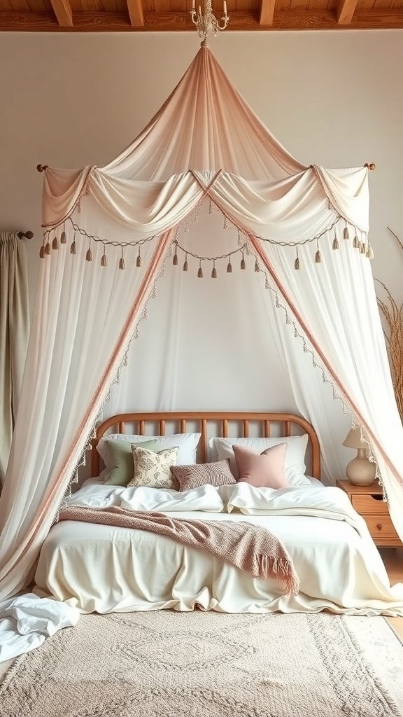 50 Boho Bedroom Decor Ideas to Transform Your Space A cozy Boho bedroom featuring a personalized bed canopy with soft fabrics and tassels.