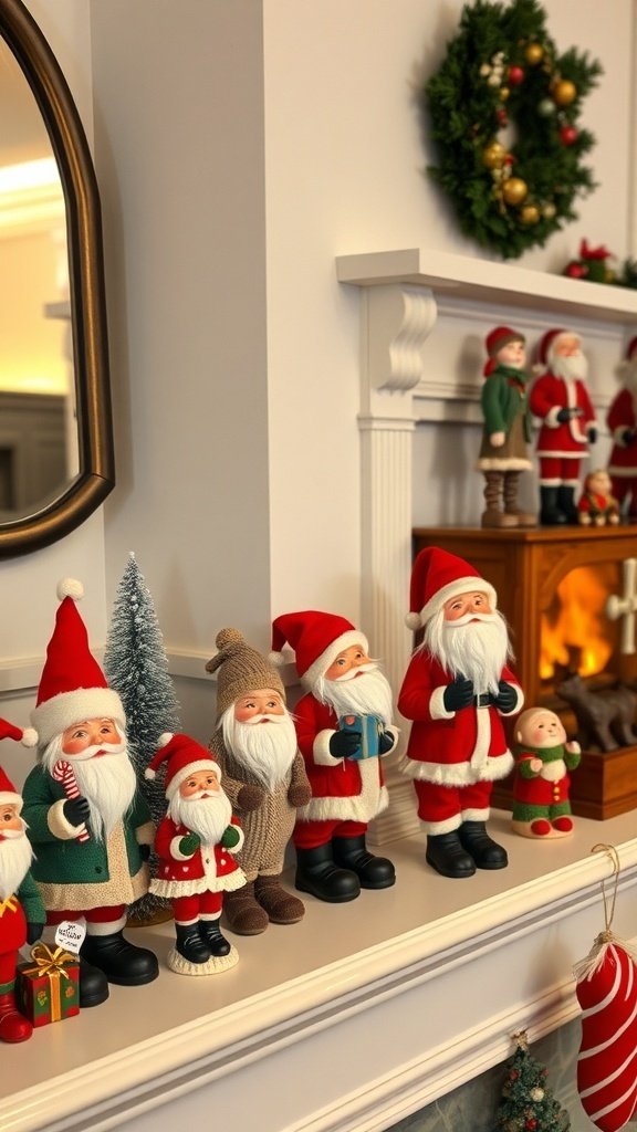 50 Charming Vintage Christmas Decor Ideas to Transform Your Home A collection of vintage Santa figurines displayed on a mantel, showcasing various styles and sizes.