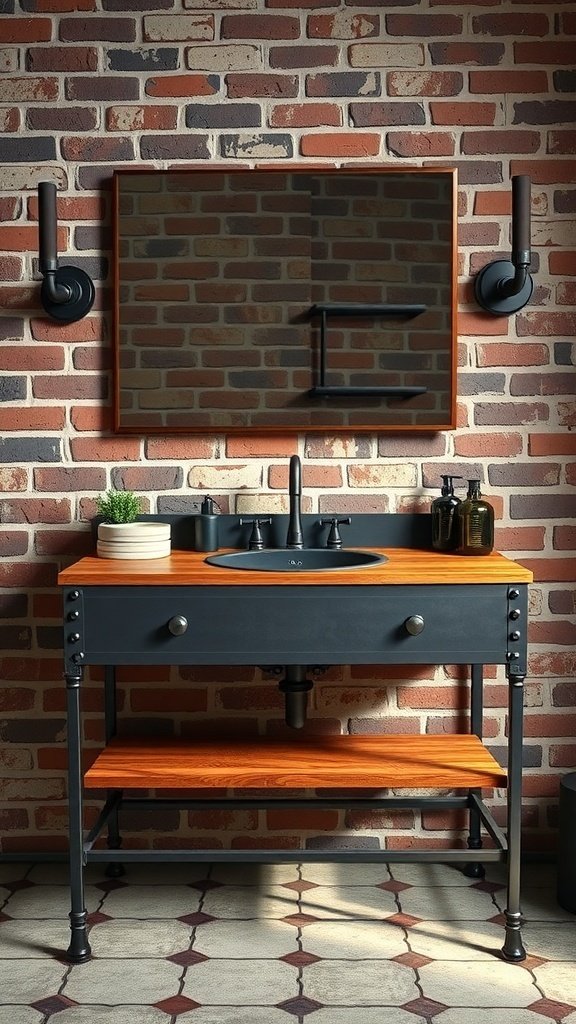 Industrial style vanity with wooden top and metal frame against a brick wall