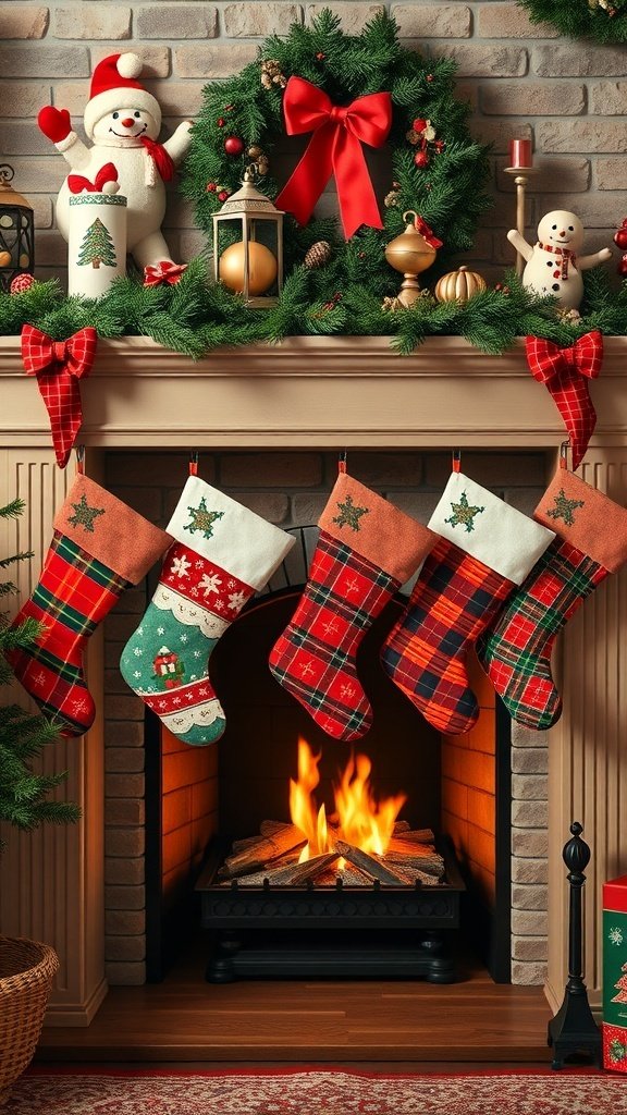 50 Charming Vintage Christmas Decor Ideas to Transform Your Home A fireplace decorated with colorful retro Christmas stockings and festive decor.