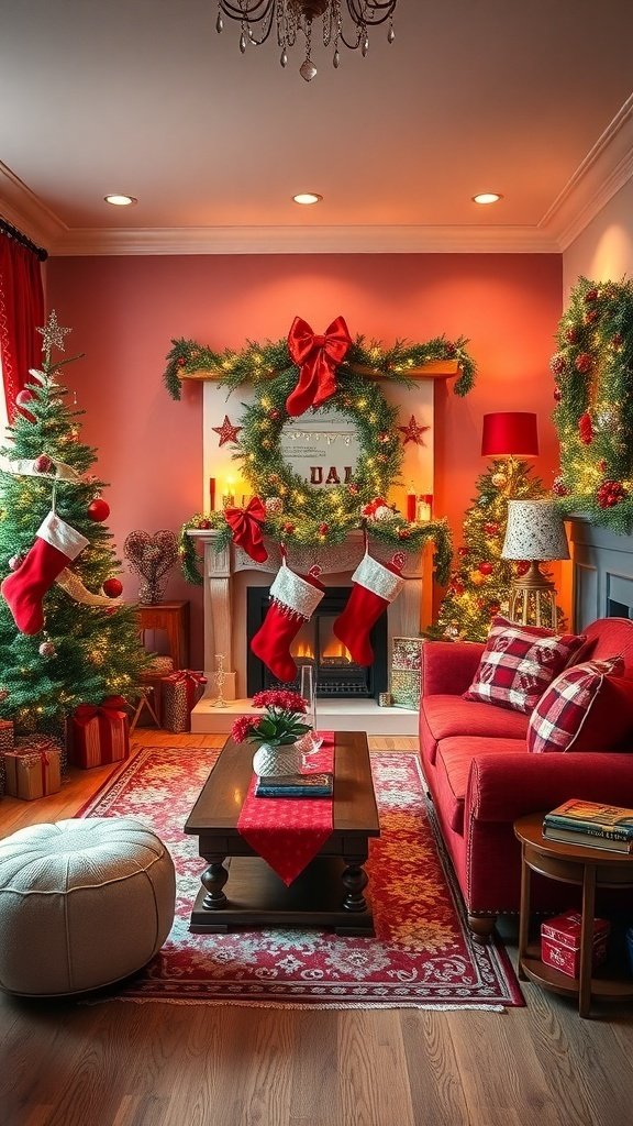 50 Charming Vintage Christmas Decor Ideas to Transform Your Home Cozy living room decorated for Christmas with red and green decor.