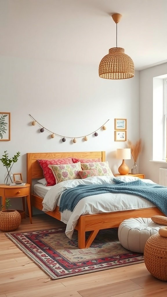 50 Boho Bedroom Decor Ideas to Transform Your Space A cozy Boho bedroom featuring a wooden bed, colorful pillows, a side table, and a pouf.