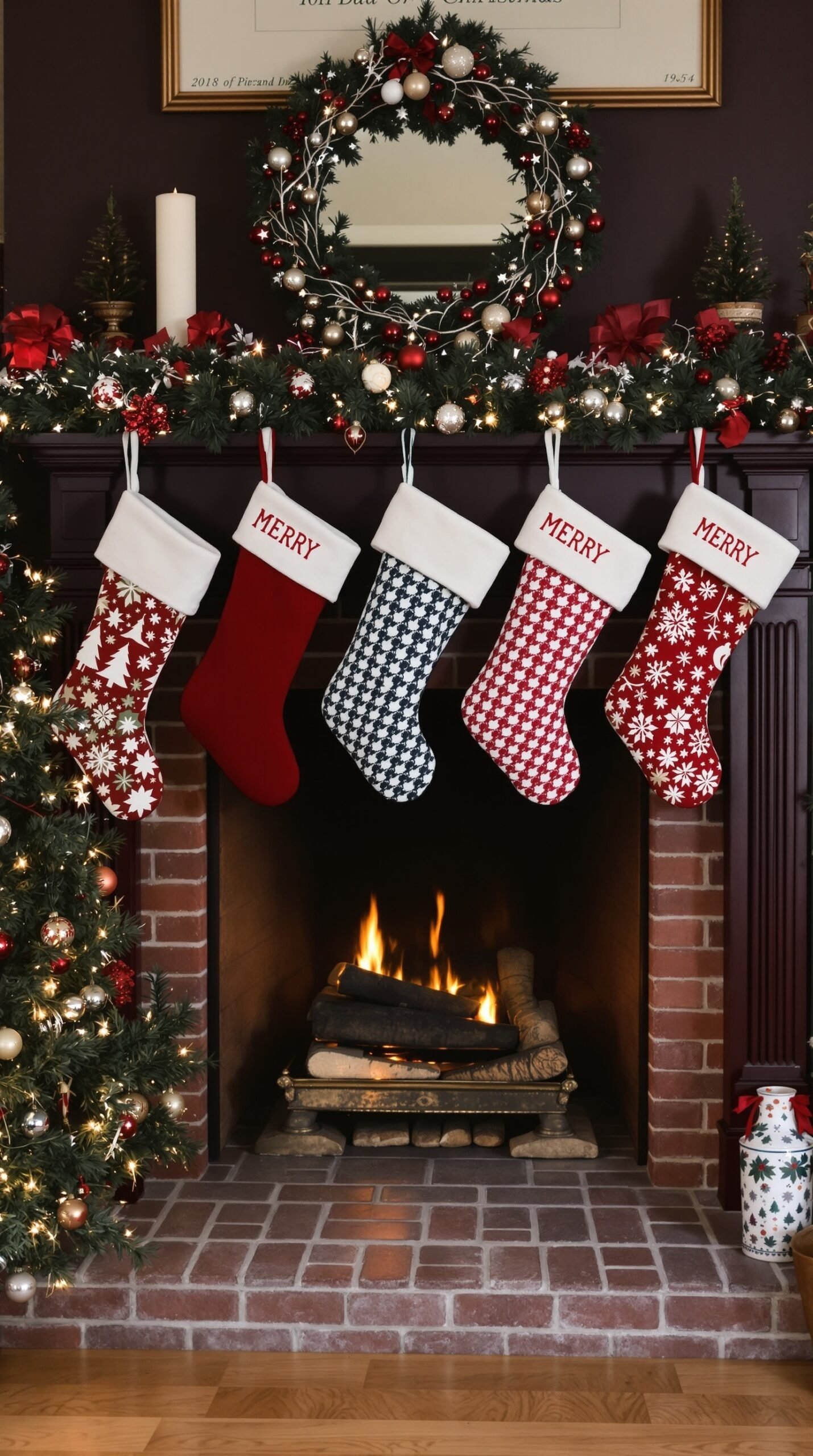 50 Charming Vintage Christmas Decor Ideas to Transform Your Home A cozy fireplace decorated with old-fashioned Christmas stockings and festive ornaments.