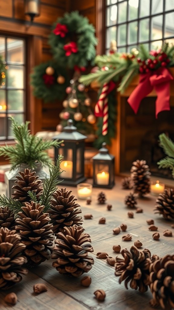 50 Charming Vintage Christmas Decor Ideas to Transform Your Home Rustic decor featuring pinecones, greenery, and candles on a wooden table