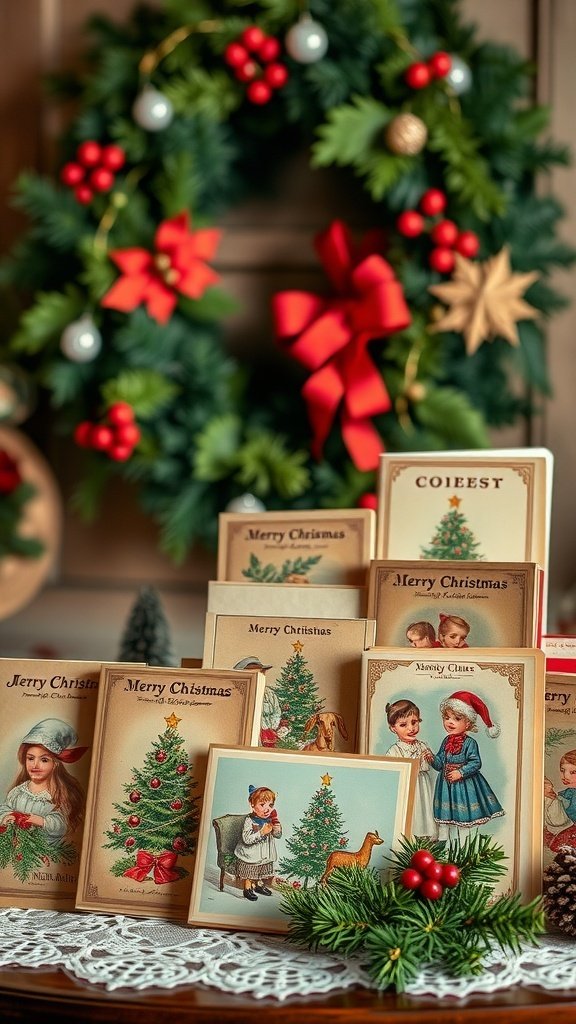 50 Charming Vintage Christmas Decor Ideas to Transform Your Home A collection of vintage Christmas cards displayed with a festive wreath and decorations.