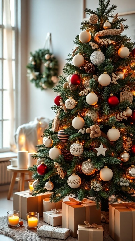 50 Creative Christmas Tree Decor Ideas to Elevate Your Holiday Spirit A cozy Christmas tree decorated with white and red ornaments, surrounded by gifts and candles.