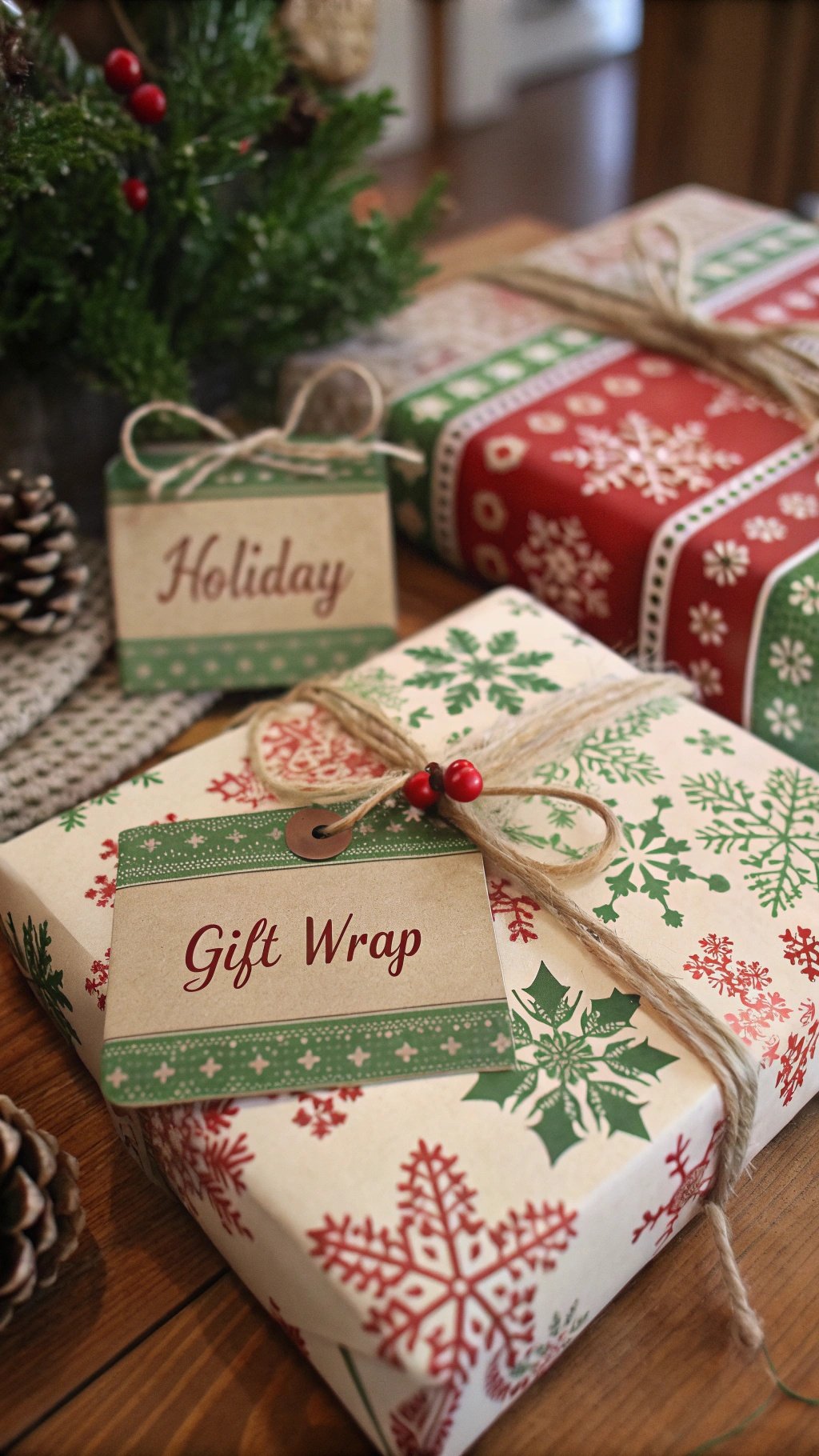 50 Charming Vintage Christmas Decor Ideas to Transform Your Home A collection of beautifully wrapped gifts with vintage-style wrapping paper and red ribbons, surrounded by holiday decorations.
