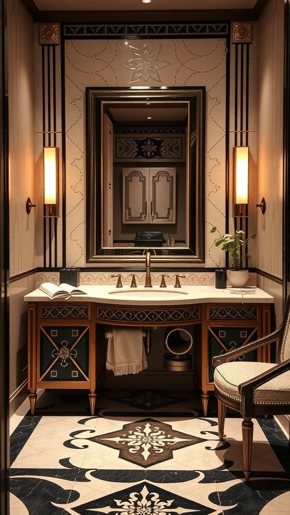 Art Deco inspired vanity with intricate details and elegant lighting