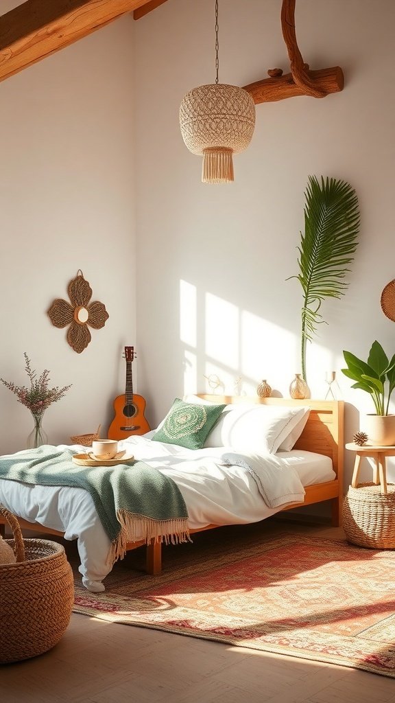 50 Boho Bedroom Decor Ideas to Transform Your Space A cozy Boho bedroom with a bed, plants, a guitar, and warm lighting.