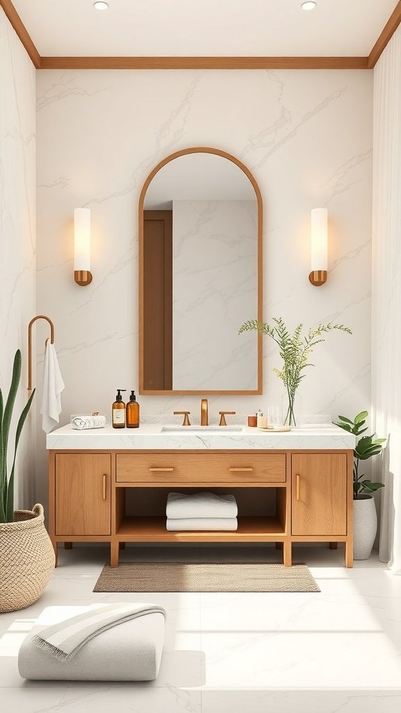 A luxurious spa-inspired vanity featuring a wooden cabinet, marble countertop, and soft lighting.