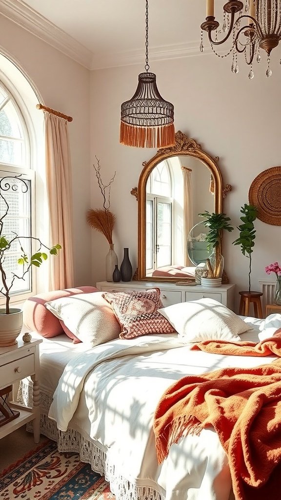 50 Boho Bedroom Decor Ideas to Transform Your Space A cozy Boho bedroom featuring a large ornate mirror, warm lighting, and colorful decor.