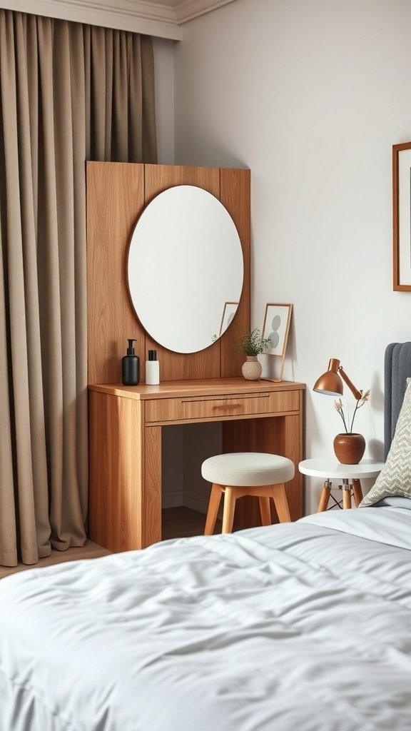 A compact wooden corner vanity with a round mirror, a stool, and decorative items in a cozy bedroom setting.