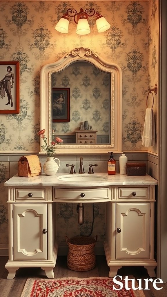 A vintage-style vanity with a marble top, elegant mirror, and warm lighting in a cozy bedroom setting.