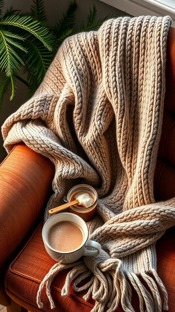 A cozy scene featuring a chunky knit blanket draped over a chair, a cup of warm drink, and a small jar with a spoon.
