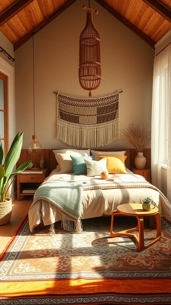 50 Boho Bedroom Decor Ideas to Transform Your Space A cozy Boho bedroom featuring earthy color palettes with wooden accents, plants, and textured decor.