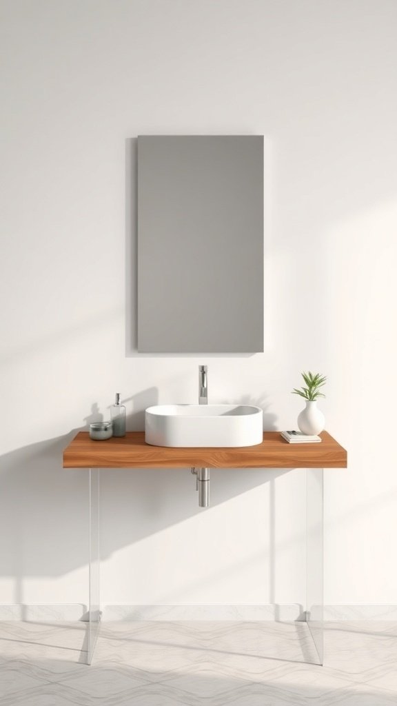 A modern floating shelf vanity with a wooden top, white basin, and transparent legs.