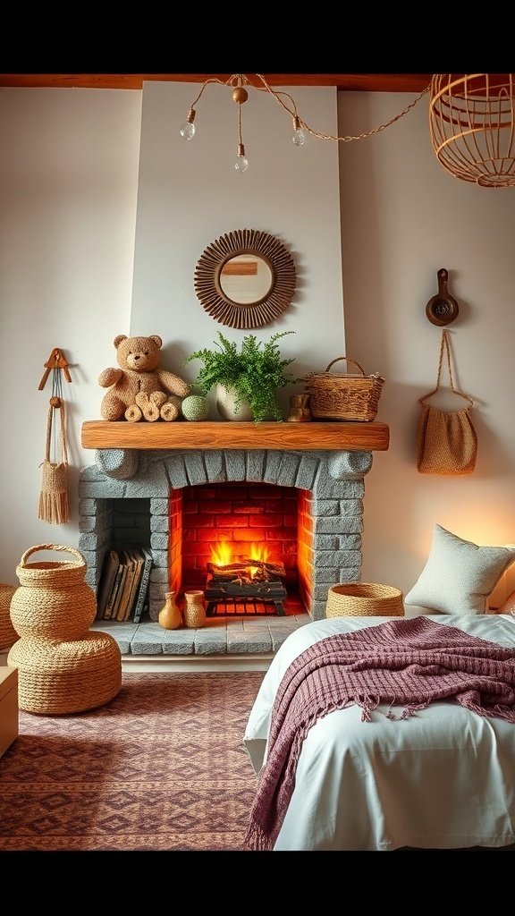50 Boho Bedroom Decor Ideas to Transform Your Space Cozy fireplace setup in a Boho bedroom with a teddy bear, plants, and warm lighting.