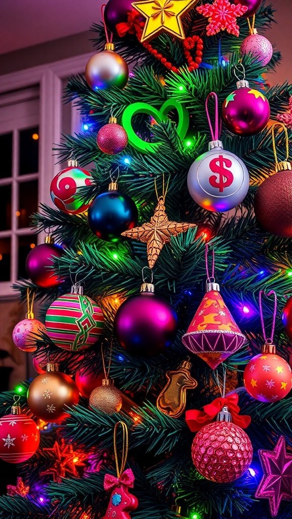 50 Creative Christmas Tree Decor Ideas to Elevate Your Holiday Spirit A colorful Christmas tree decorated with vibrant ornaments and lights, showcasing a retro 80s theme.