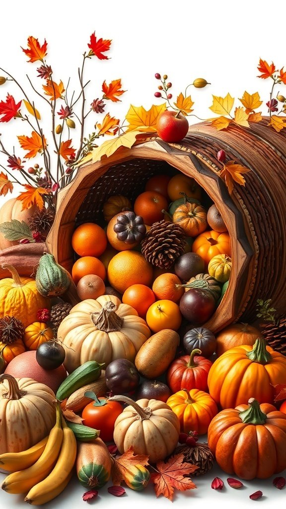 A cornucopia filled with various fruits and vegetables, surrounded by autumn leaves.