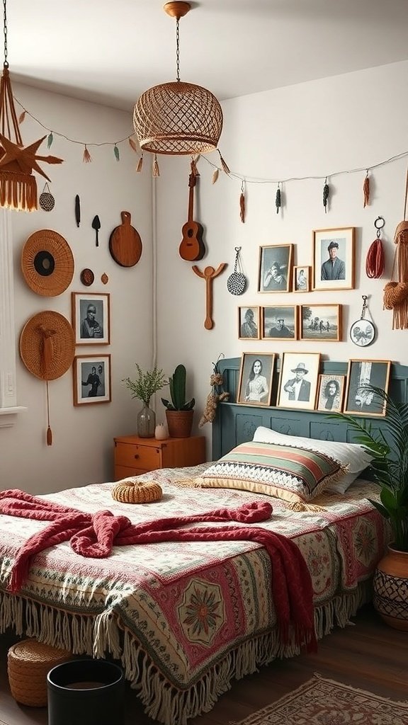50 Boho Bedroom Decor Ideas to Transform Your Space A cozy Boho bedroom featuring a bed with a patterned blanket, colorful pillows, woven wall art, and a rattan light fixture.