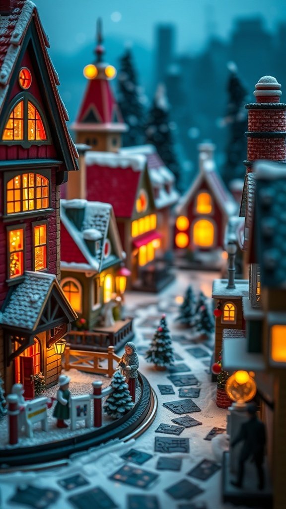 50 Charming Vintage Christmas Decor Ideas to Transform Your Home A cozy Heritage Christmas Village with glowing houses, snowy streets, and festive decorations.