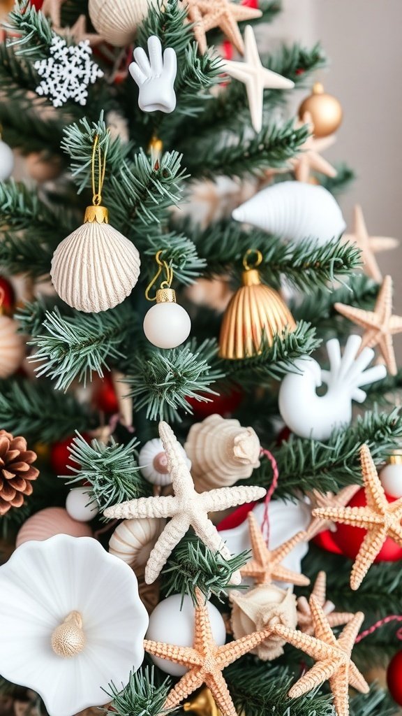 50 Creative Christmas Tree Decor Ideas to Elevate Your Holiday Spirit A Christmas tree decorated with nautical-themed ornaments like starfish, seashells, and white accents.