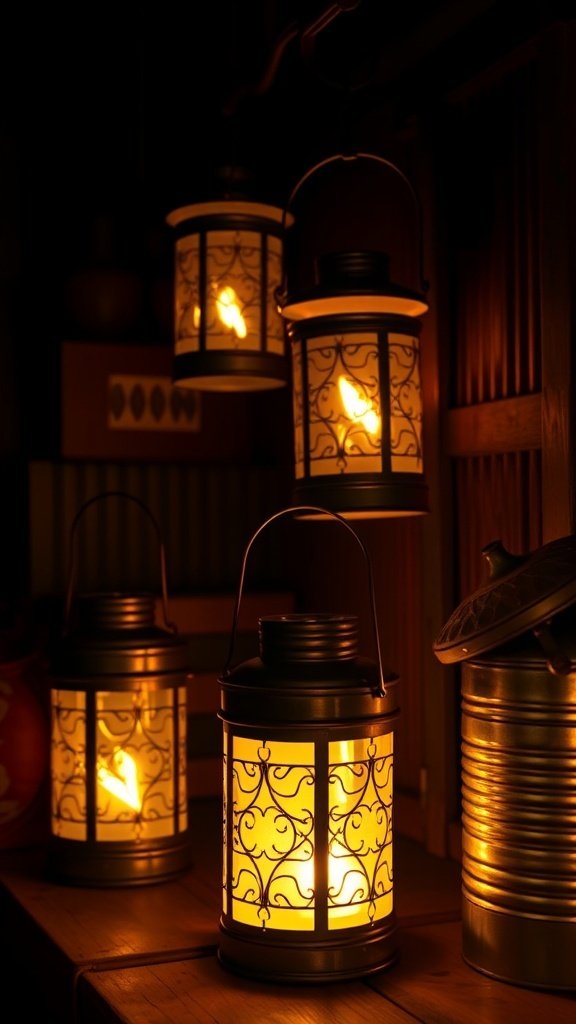 50 Charming Vintage Christmas Decor Ideas to Transform Your Home A collection of vintage-style tin can lanterns glowing warmly in a dimly lit room.