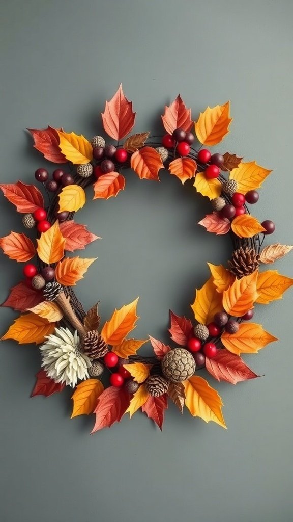A colorful fall wreath made of orange, yellow, and red leaves with pine cones and berries.