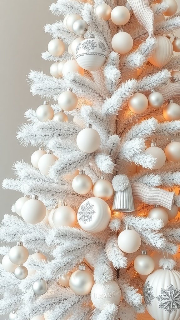 50 Creative Christmas Tree Decor Ideas to Elevate Your Holiday Spirit A beautifully decorated white Christmas tree with silver and white ornaments.