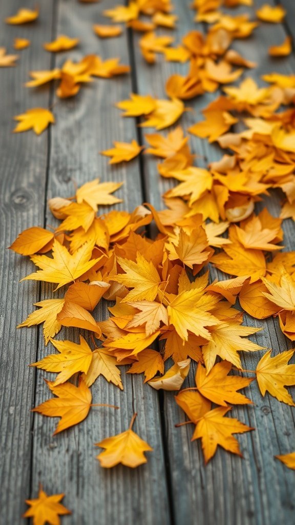A collection of golden autumn leaves scattered on a wooden surface.