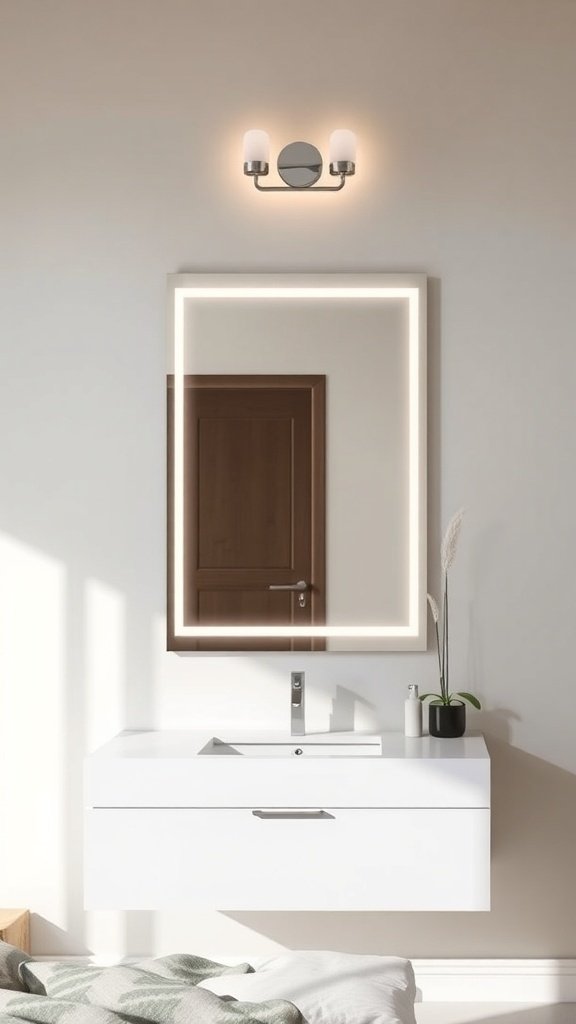 A modern wall-mounted vanity with an illuminated mirror and a sleek design.