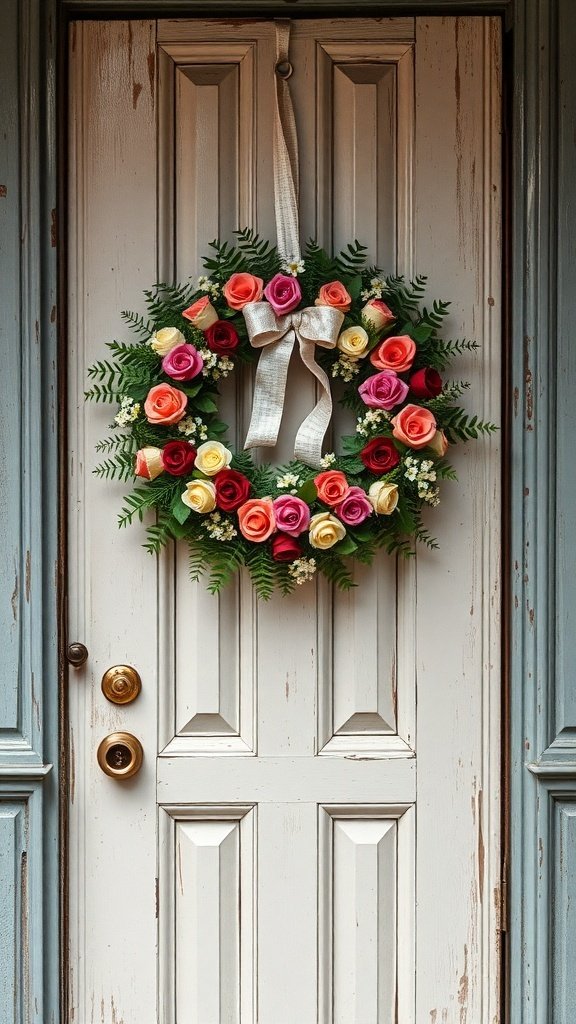 50 Charming Vintage Christmas Decor Ideas to Transform Your Home A Victorian-inspired wreath featuring colorful roses and greenery hanging on a door.