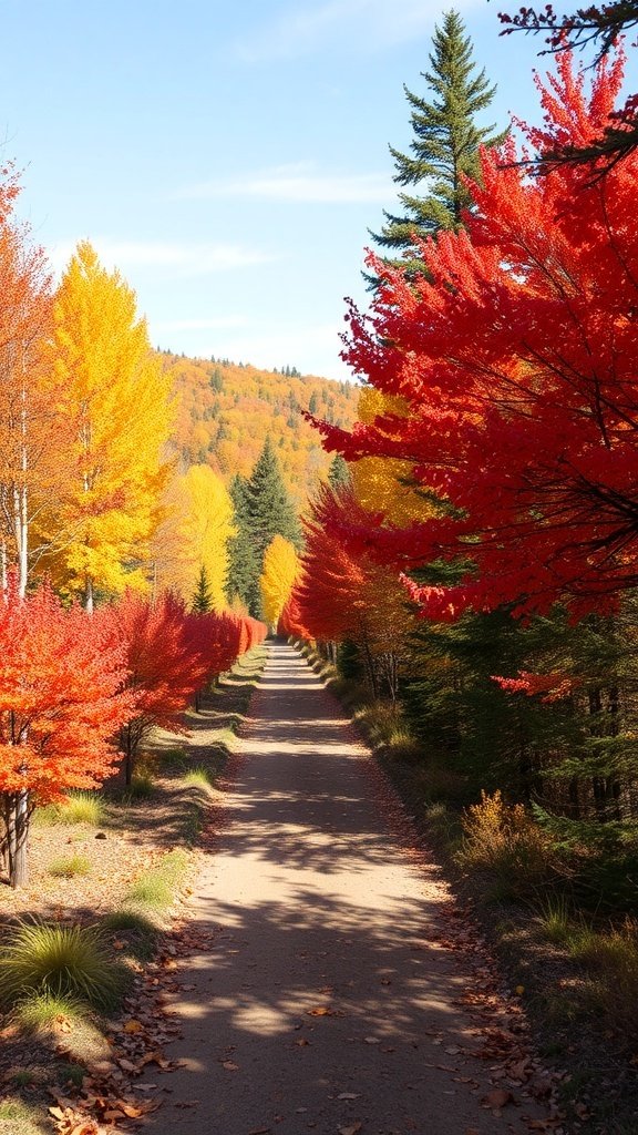 A scenic autumn trail with colorful trees lining the path.