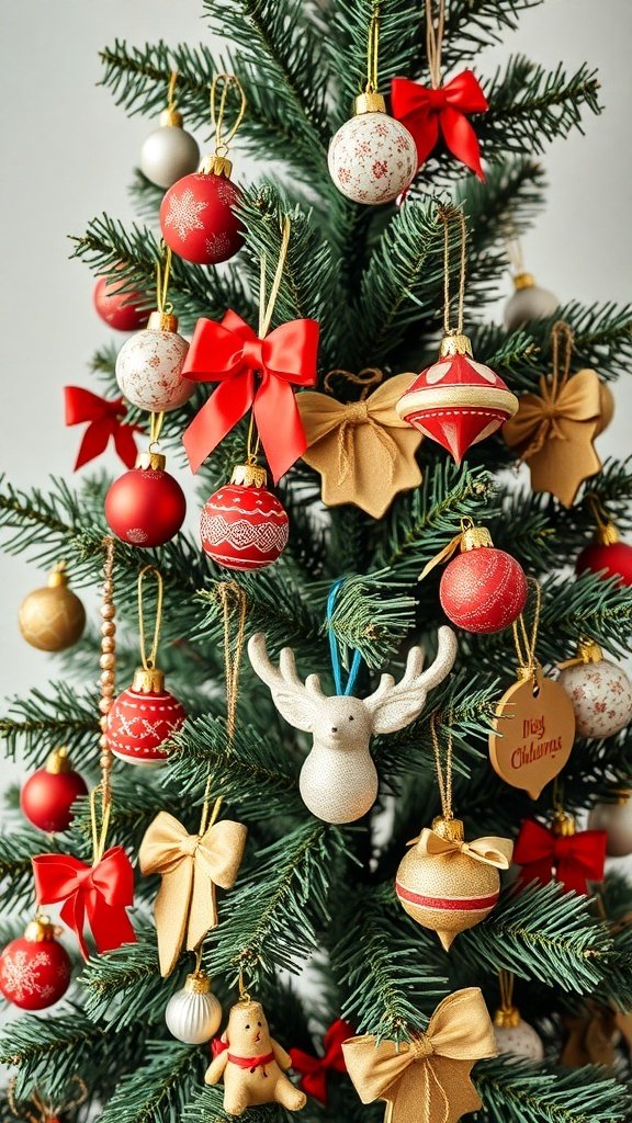 50 Charming Vintage Christmas Decor Ideas to Transform Your Home A beautifully decorated Christmas tree with red and gold handcrafted ornaments and bows.