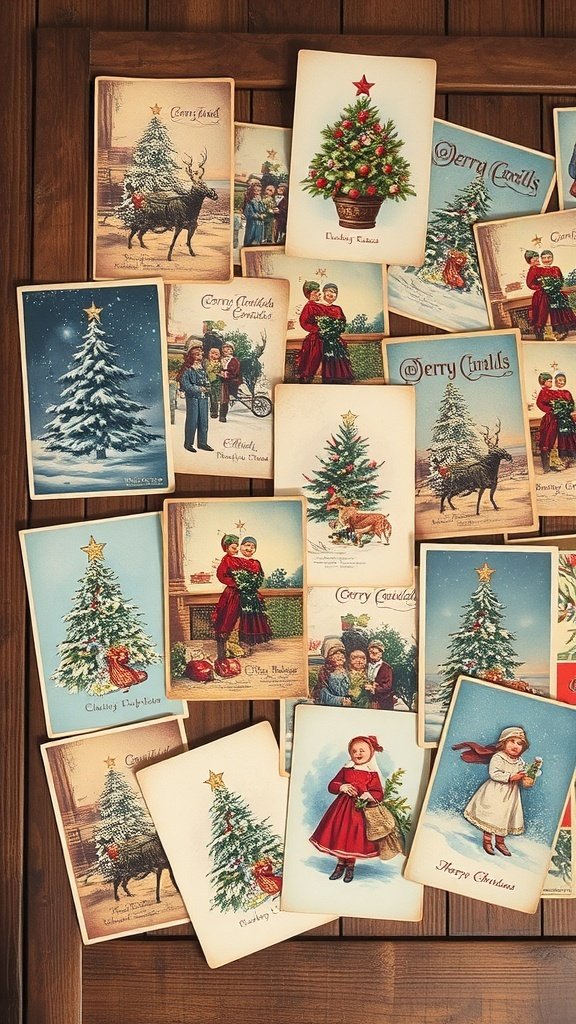 50 Charming Vintage Christmas Decor Ideas to Transform Your Home A collection of vintage Christmas cards featuring festive designs, including Christmas trees and children, arranged on a wooden surface with pinecones and ornaments.