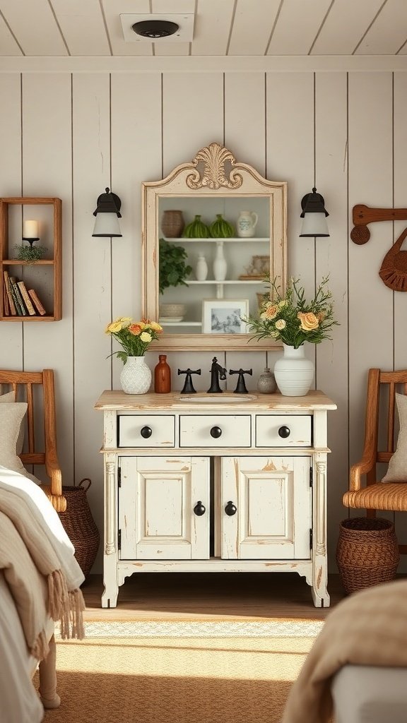 A cozy cottage-style vanity with a mirror, flowers, and rustic decor in a bedroom setting.
