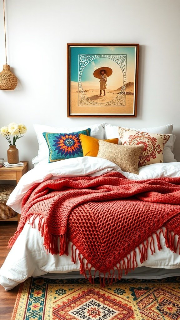 50 Boho Bedroom Decor Ideas to Transform Your Space A cozy Boho bedroom featuring layered bedding with a red throw, patterned pillows, and warm accents.