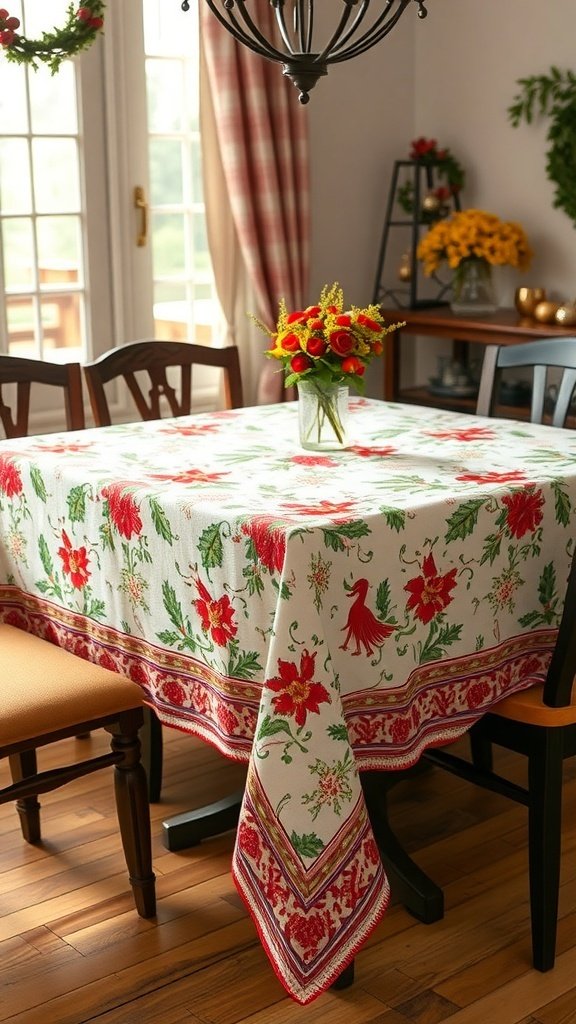 50 Charming Vintage Christmas Decor Ideas to Transform Your Home A vintage Christmas themed tablecloth with red flowers on a dining table.