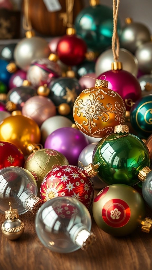 50 Charming Vintage Christmas Decor Ideas to Transform Your Home A collection of colorful antique glass baubles in various shapes and designs, perfect for vintage Christmas decor.
