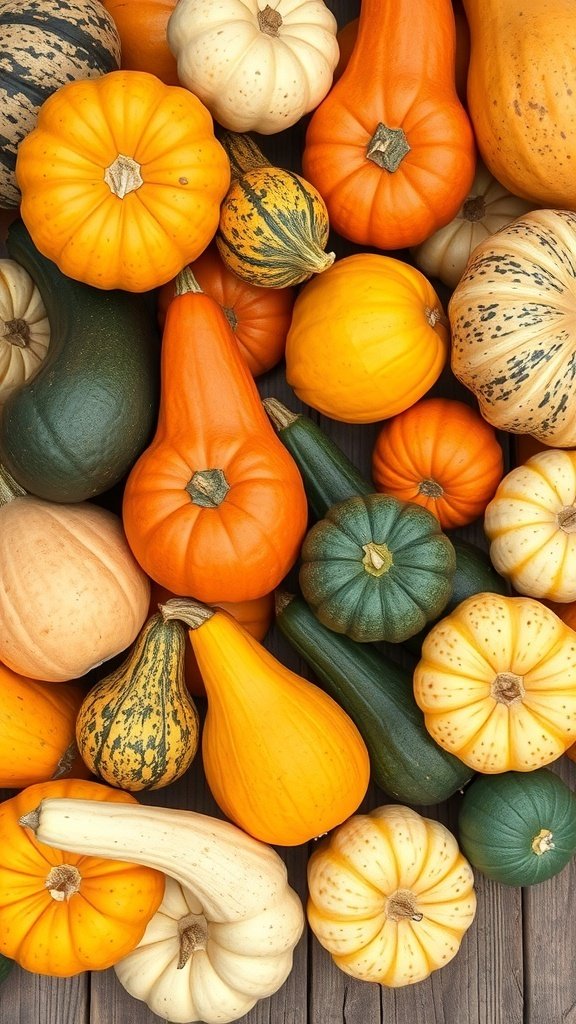 A variety of colorful gourds and squash arranged together