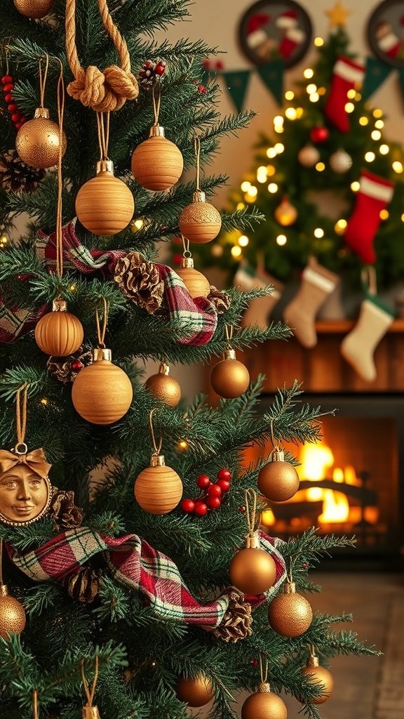 50 Charming Vintage Christmas Decor Ideas to Transform Your Home A beautifully decorated Christmas tree with rustic wooden ornaments and garlands, featuring a cozy plaid ribbon and a warm fireplace in the background.