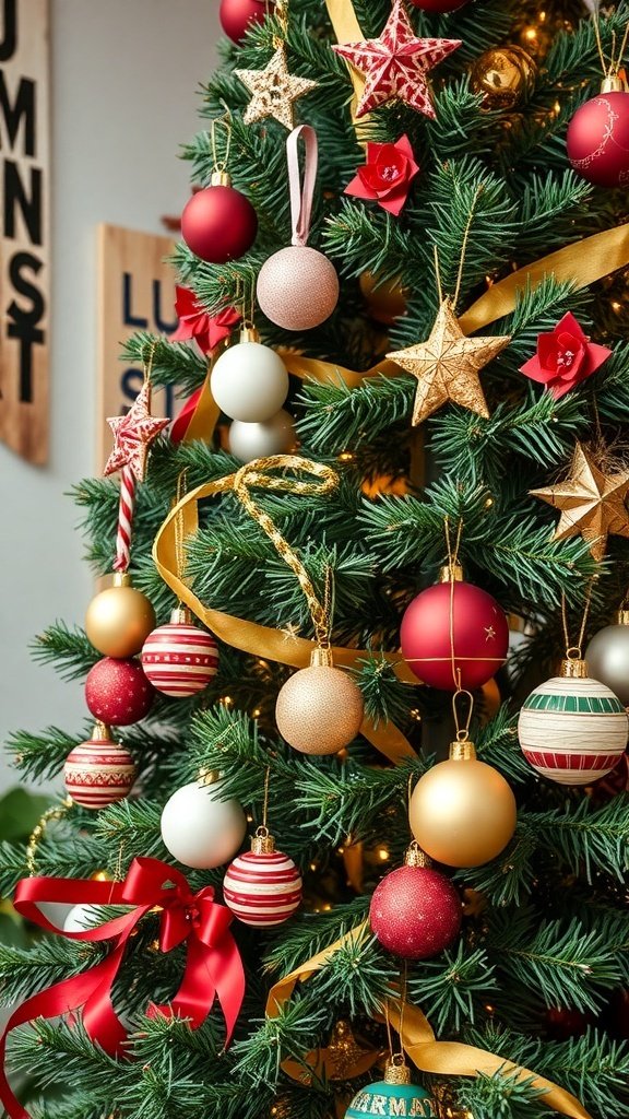 50 Creative Christmas Tree Decor Ideas to Elevate Your Holiday Spirit A beautifully decorated Christmas tree with red and gold ornaments, ribbons, and stars.