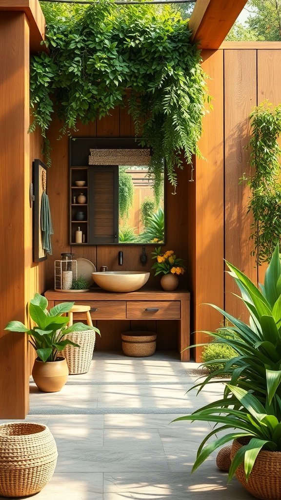 A wooden vanity area surrounded by greenery, featuring a mirror and natural decor.