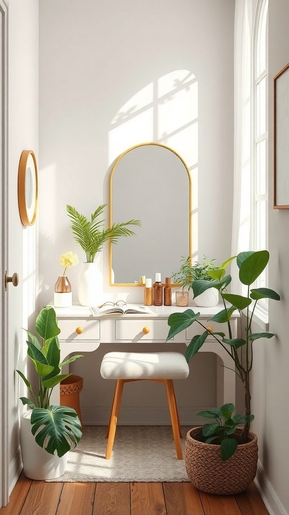 A bright corner vanity nook with a mirror, plants, and a stylish desk.
