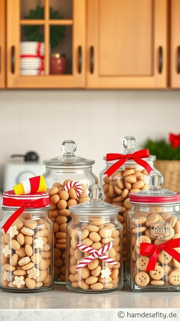 50 Charming Vintage Christmas Decor Ideas to Transform Your Home A collection of vintage cookie jars filled with various cookies, decorated with festive ribbons.