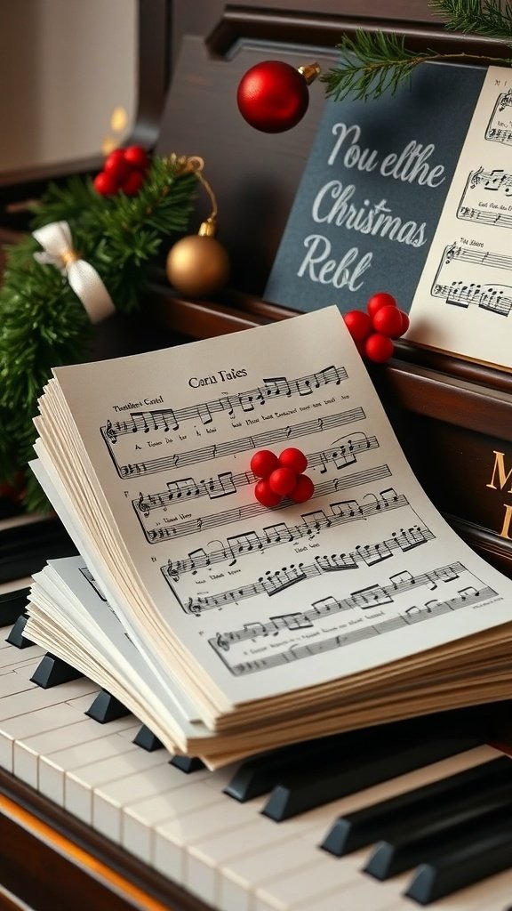 50 Charming Vintage Christmas Decor Ideas to Transform Your Home A stack of Christmas carol sheet music on a piano, decorated with holly and ornaments.