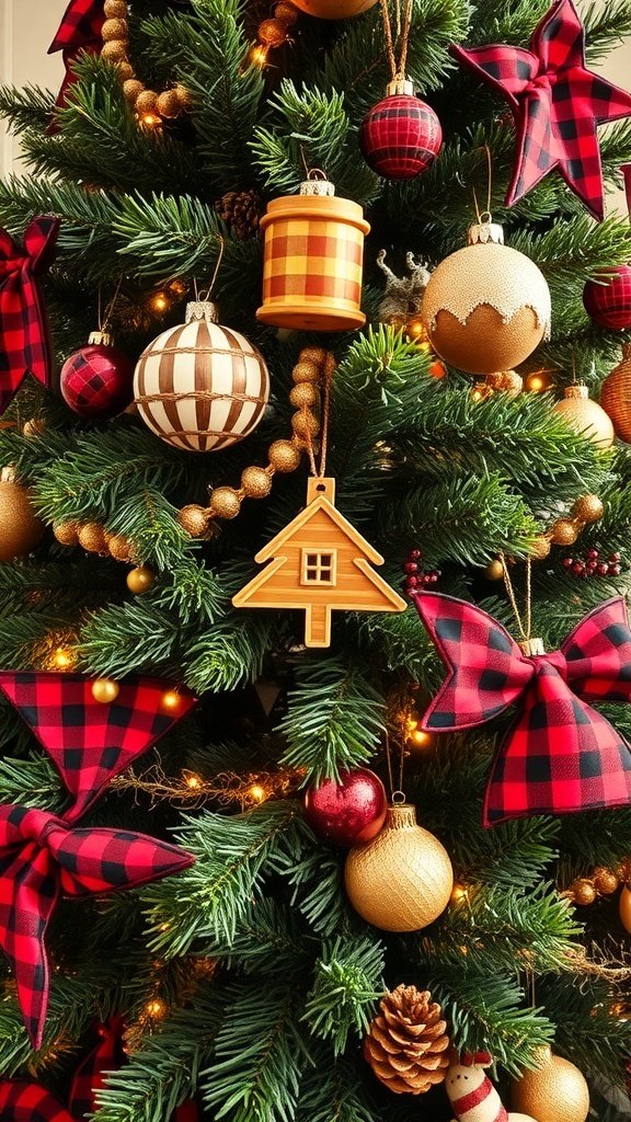 50 Creative Christmas Tree Decor Ideas to Elevate Your Holiday Spirit A beautifully decorated Christmas tree with plaid ribbons, gold and red ornaments, and wooden accents, creating a cozy cabin vibe.