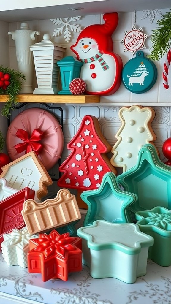50 Charming Vintage Christmas Decor Ideas to Transform Your Home Colorful vintage holiday baking molds in various festive shapes like snowmen, Christmas trees, and stars.
