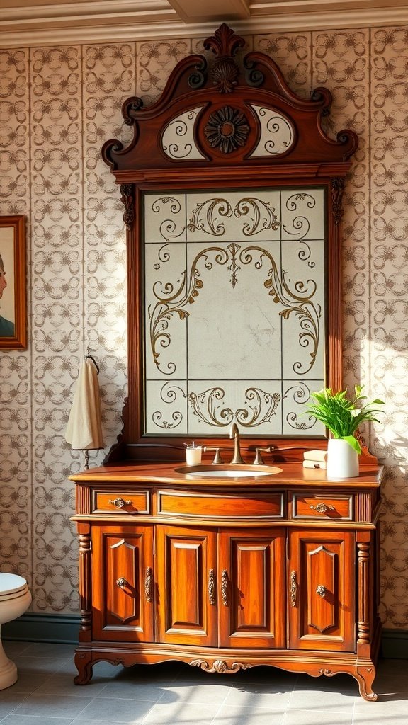 Traditional wooden vanity with intricate carvings and a decorative mirror