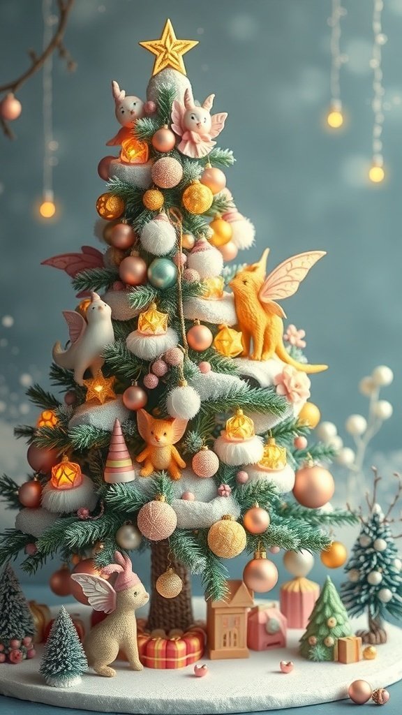 50 Creative Christmas Tree Decor Ideas to Elevate Your Holiday Spirit A beautifully decorated Christmas tree with a fairy tale theme, featuring pastel colors, cute animal ornaments, and twinkling lights.